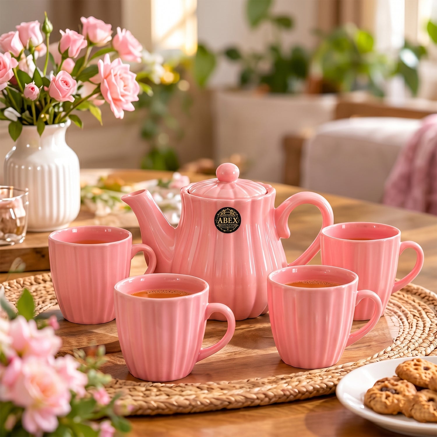Pink Ribbed Ceramic Tea Set