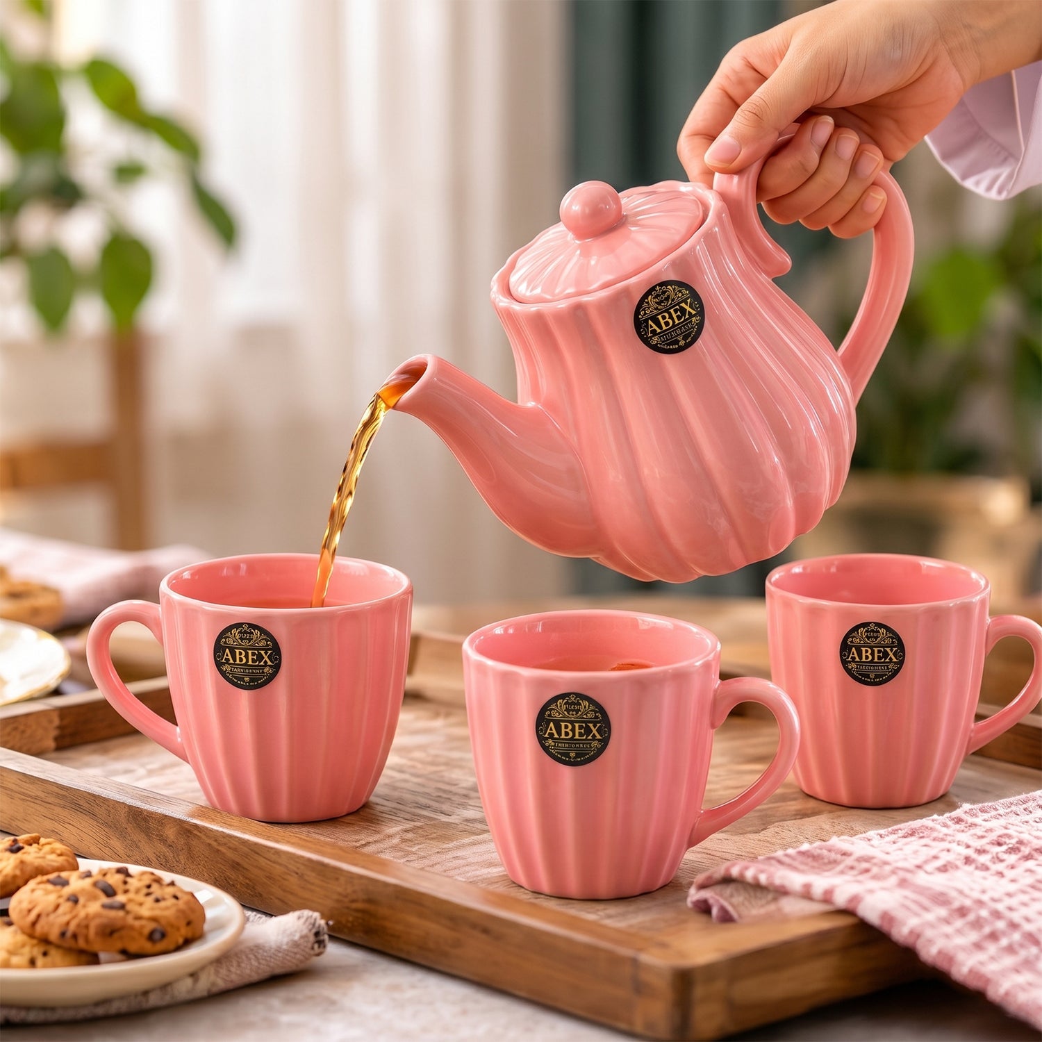 Pink Ribbed Ceramic Tea Set