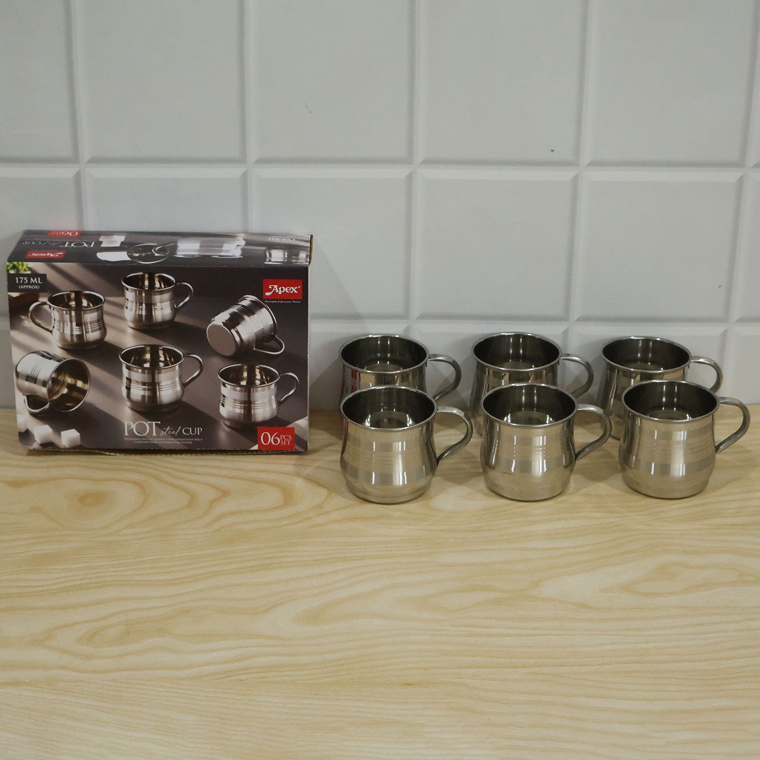 Stainless steel pot shaped tea coffee cups with handles set of six 09