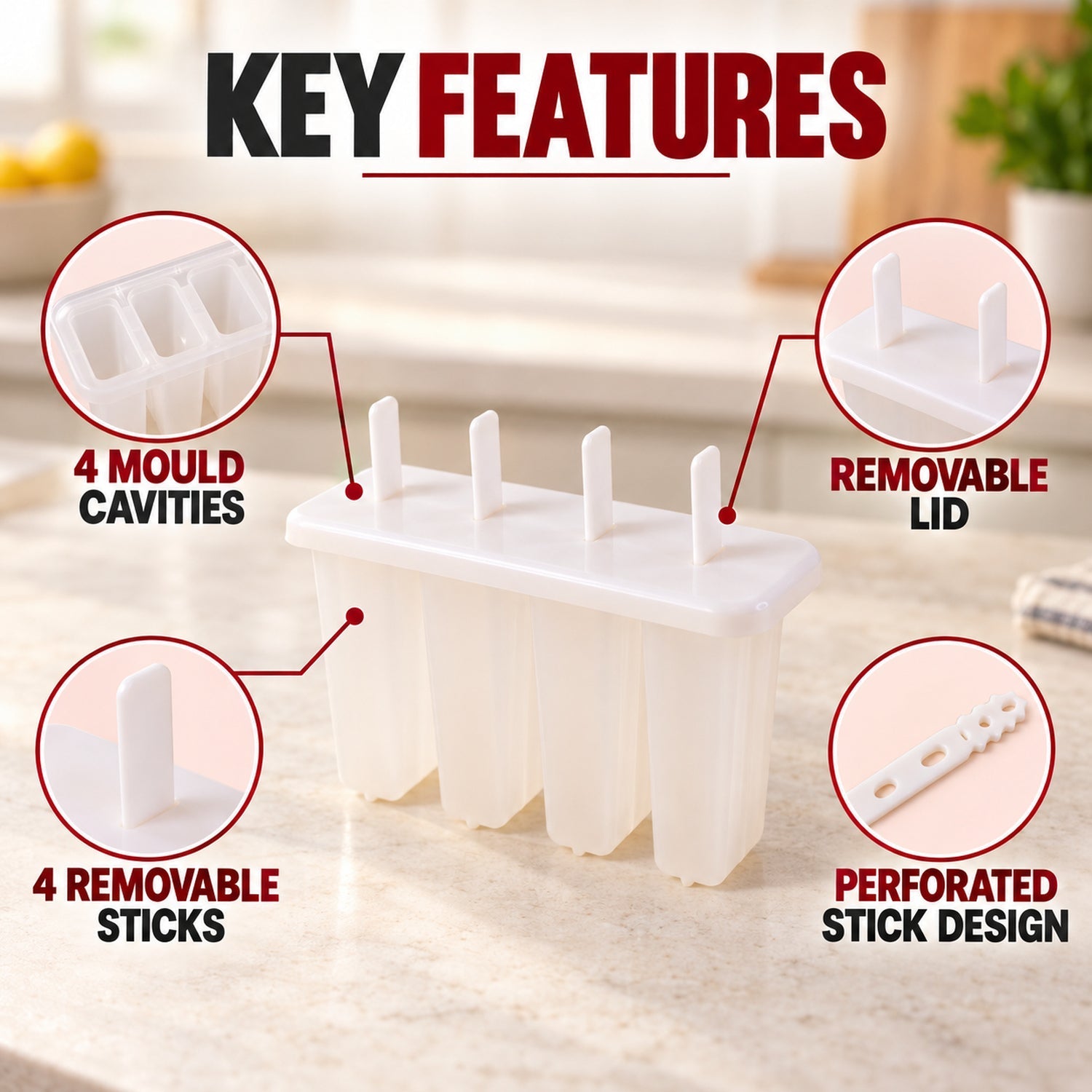 A white plastic popsicle mold is shown with callouts highlighting its four cavities, removable lid, and perforated sticks.