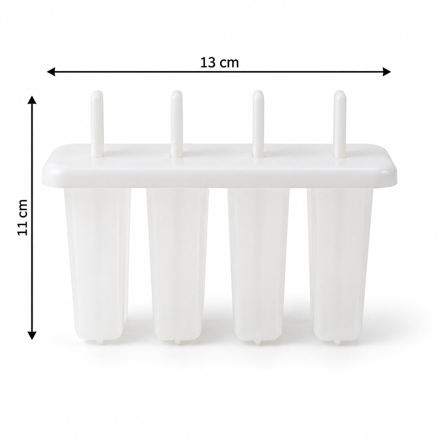 A white plastic popsicle mold with four cavities and sticks is displayed with its dimensions of 13 cm by 11 cm.