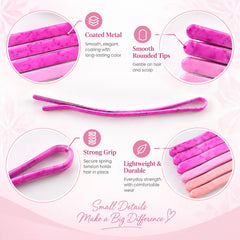 Detailed close-ups of a single pink and magenta bobby pin, highlighting its coated metal, rounded tips, and strong grip.