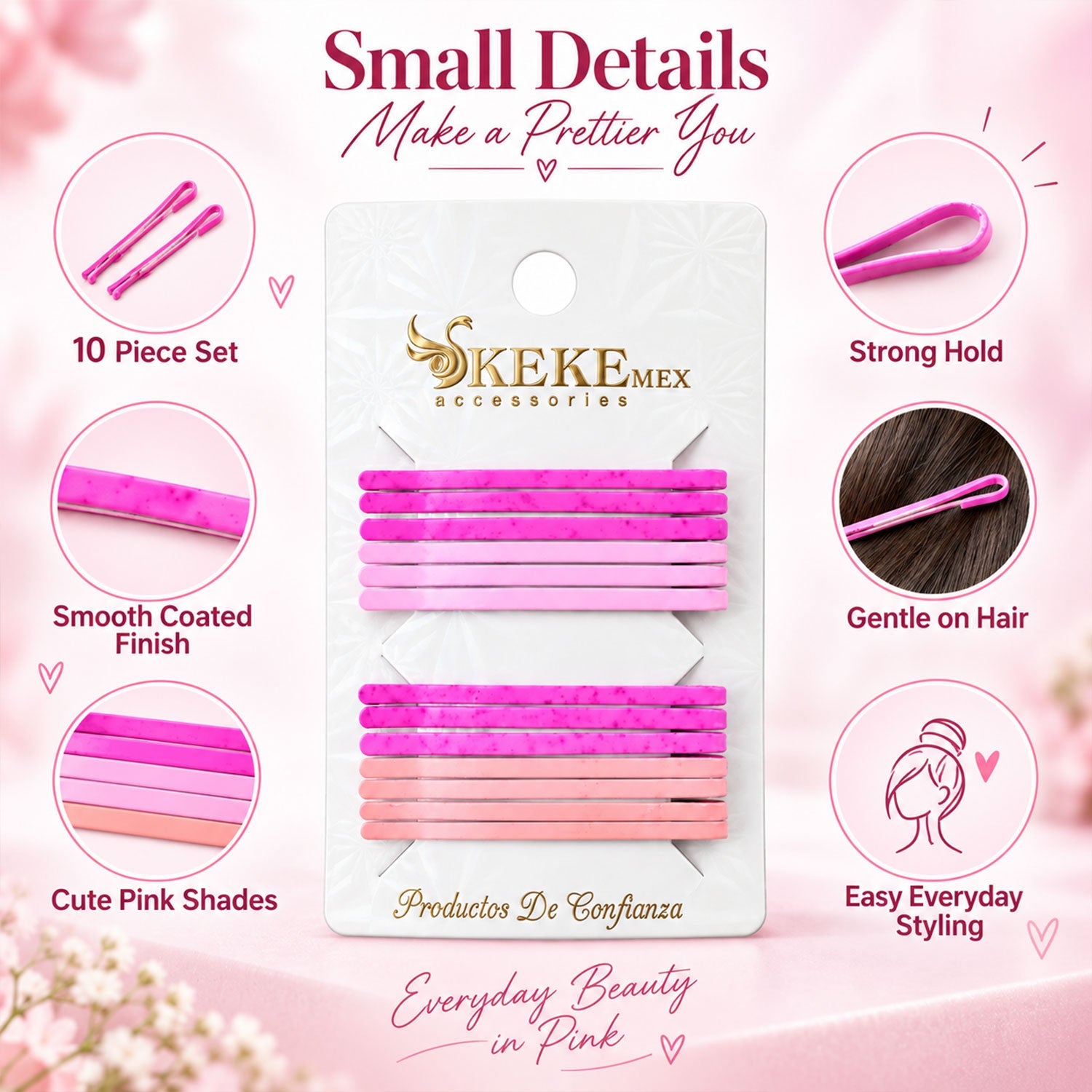 A card of pink and magenta bobby pins, surrounded by descriptive text and icons highlighting product features.