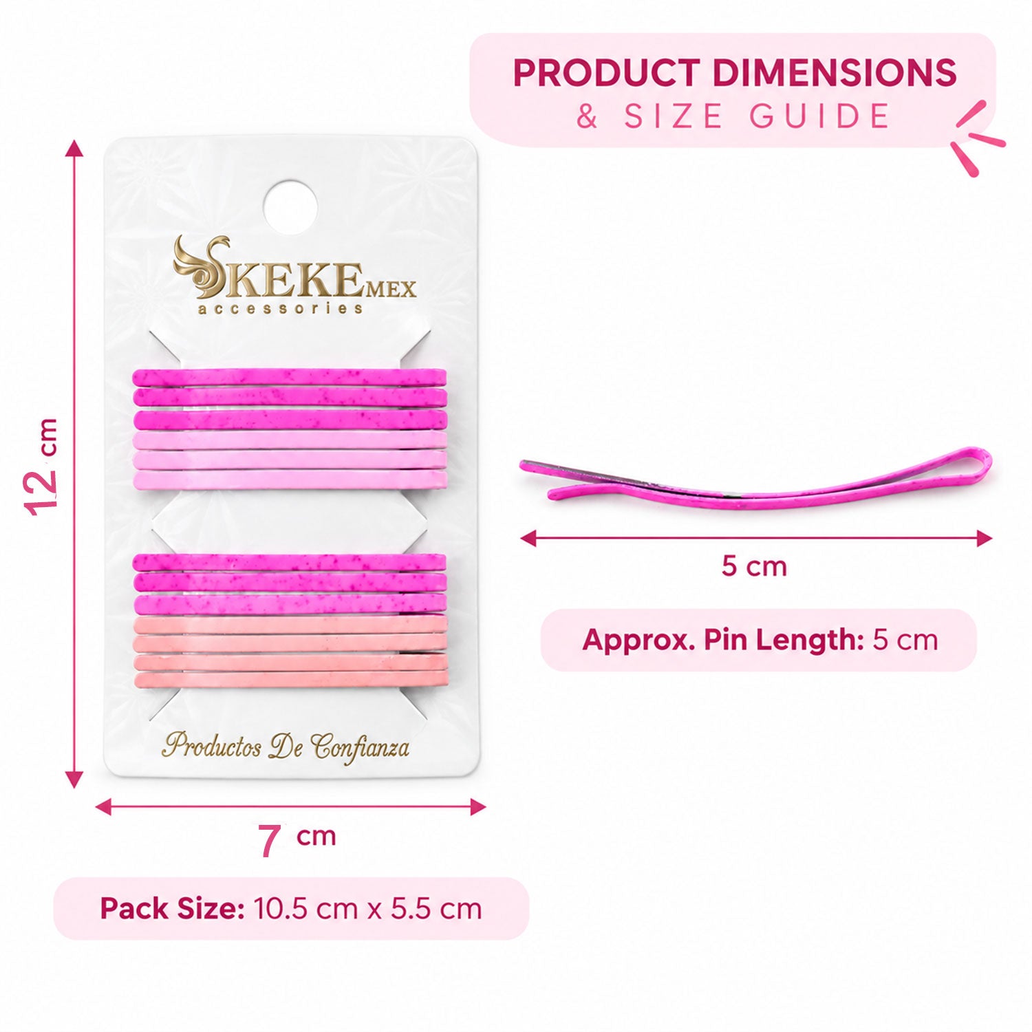A diagram showing the dimensions of the bobby pin pack and a single pin, measuring 5 cm in length.