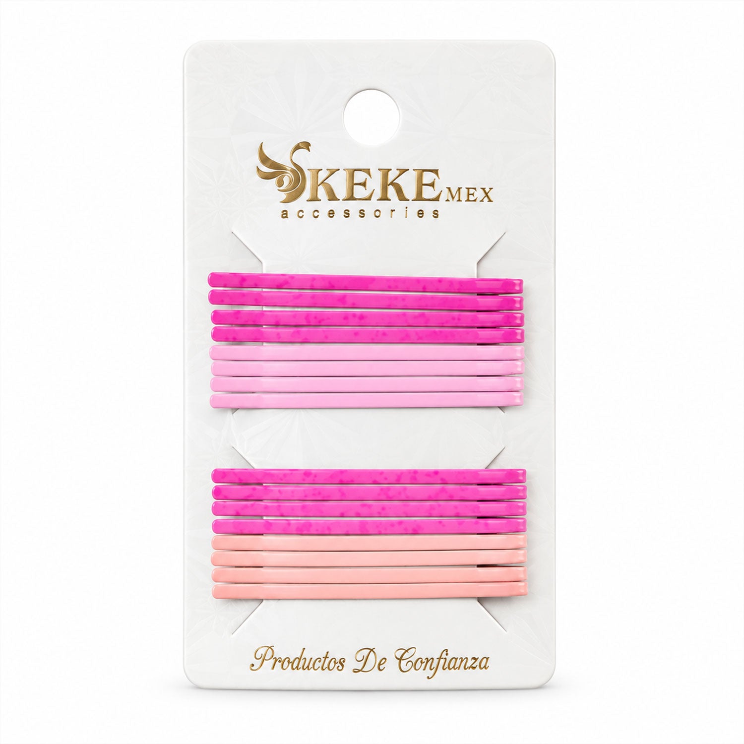 A white card displaying sixteen pink and magenta bobby pins, against a simple white background.