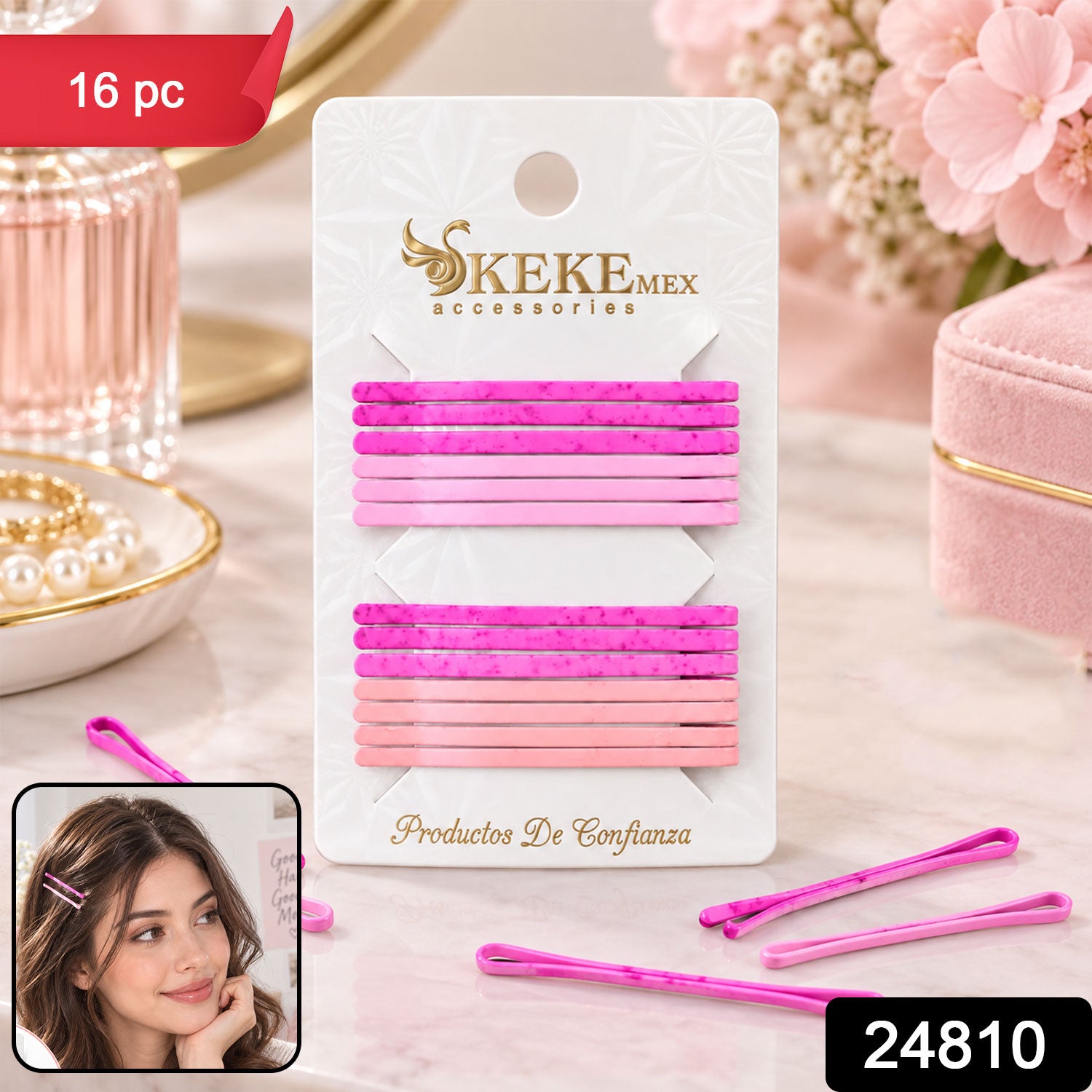 A pack of sixteen pink and magenta bobby pins on a card, with a model wearing one pin in her hair. â€“ view 2