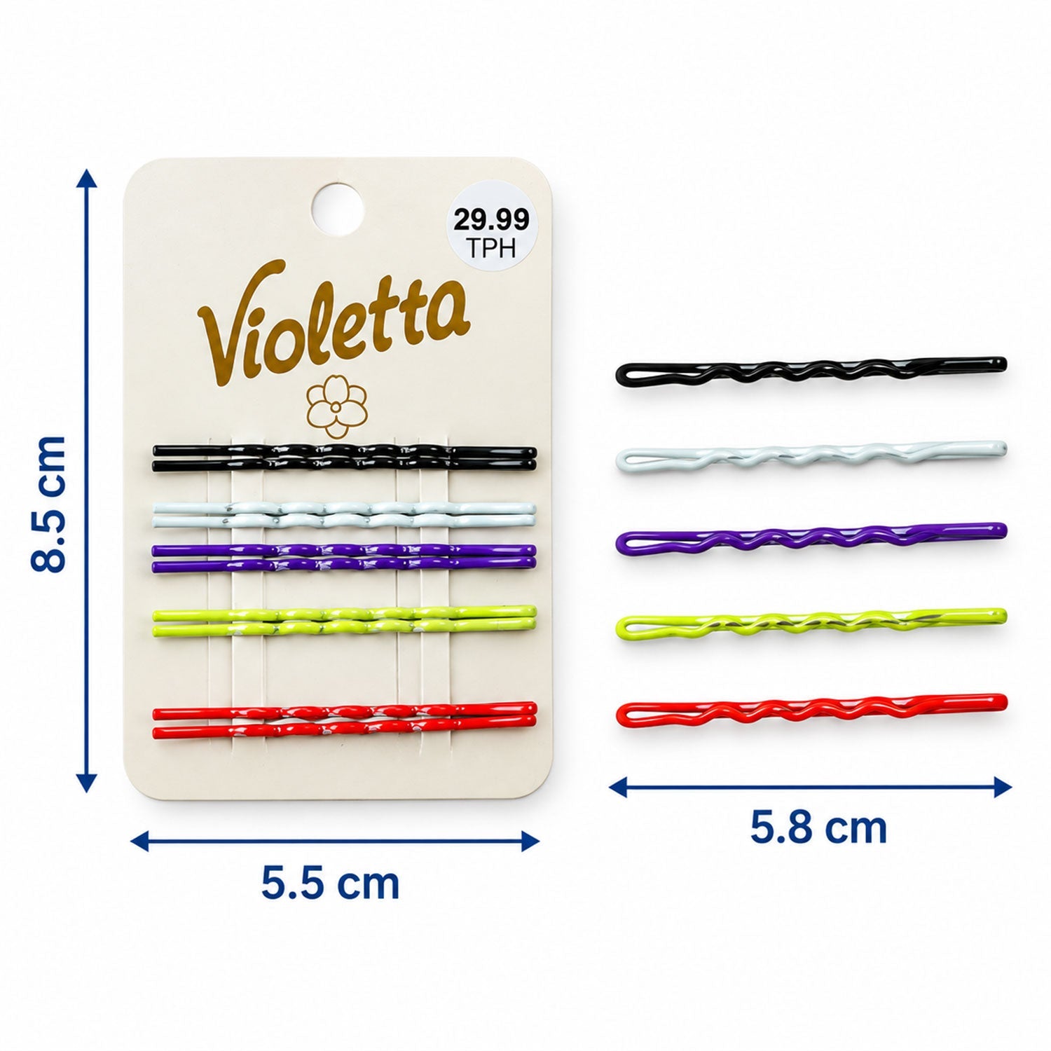 Hair pin size guide showing approximately 5.5 to 5.8 cm length and 8.5 cm card