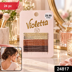 A pack of 24 glitter bobby pins in gold, copper, and dark brown, with an inset of a woman wearing one.