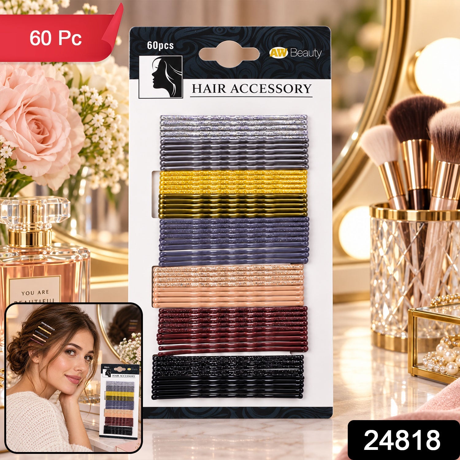 A package of 60 glittery hairpins in seven colors sits on a vanity with flowers, perfume, and a small inset image of a woman.