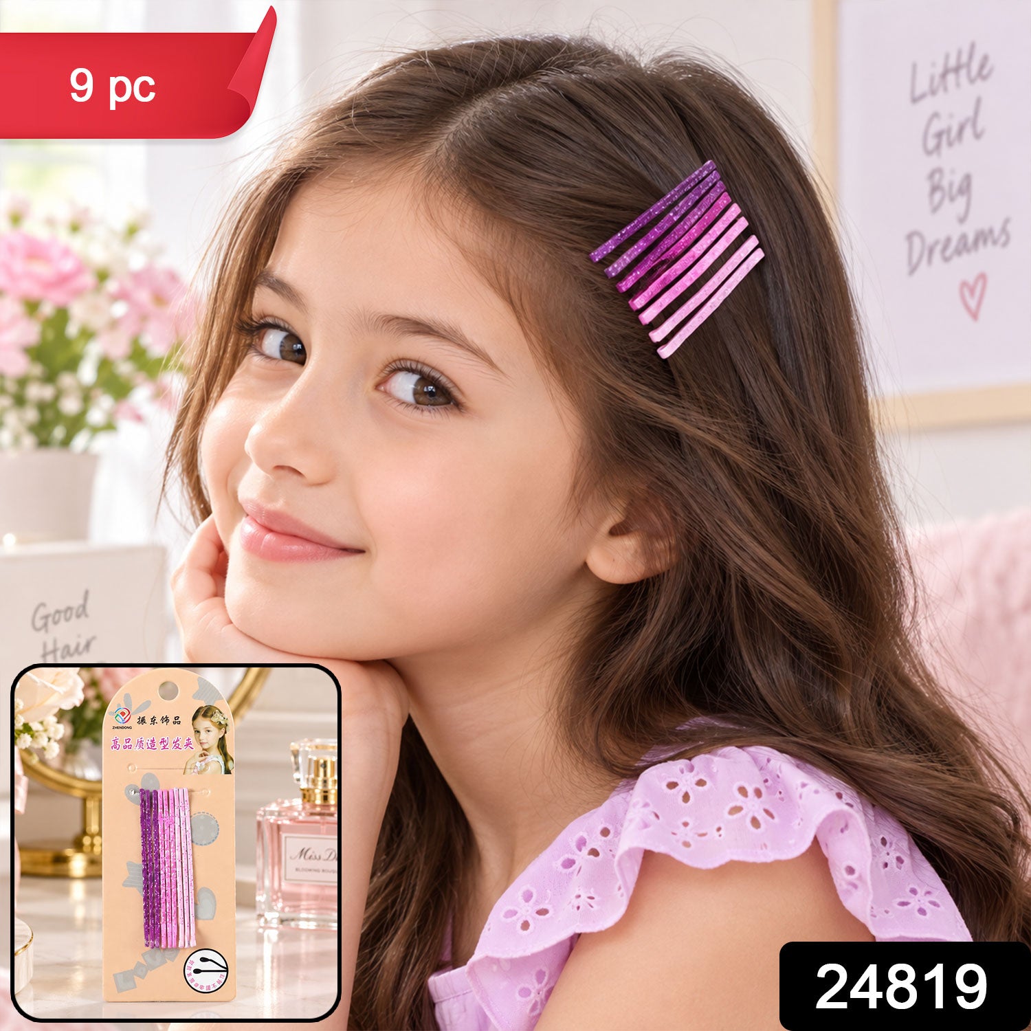 A smiling girl with long brown hair wears pink and purple glitter bobby pins, with a product package overlay in the corner.