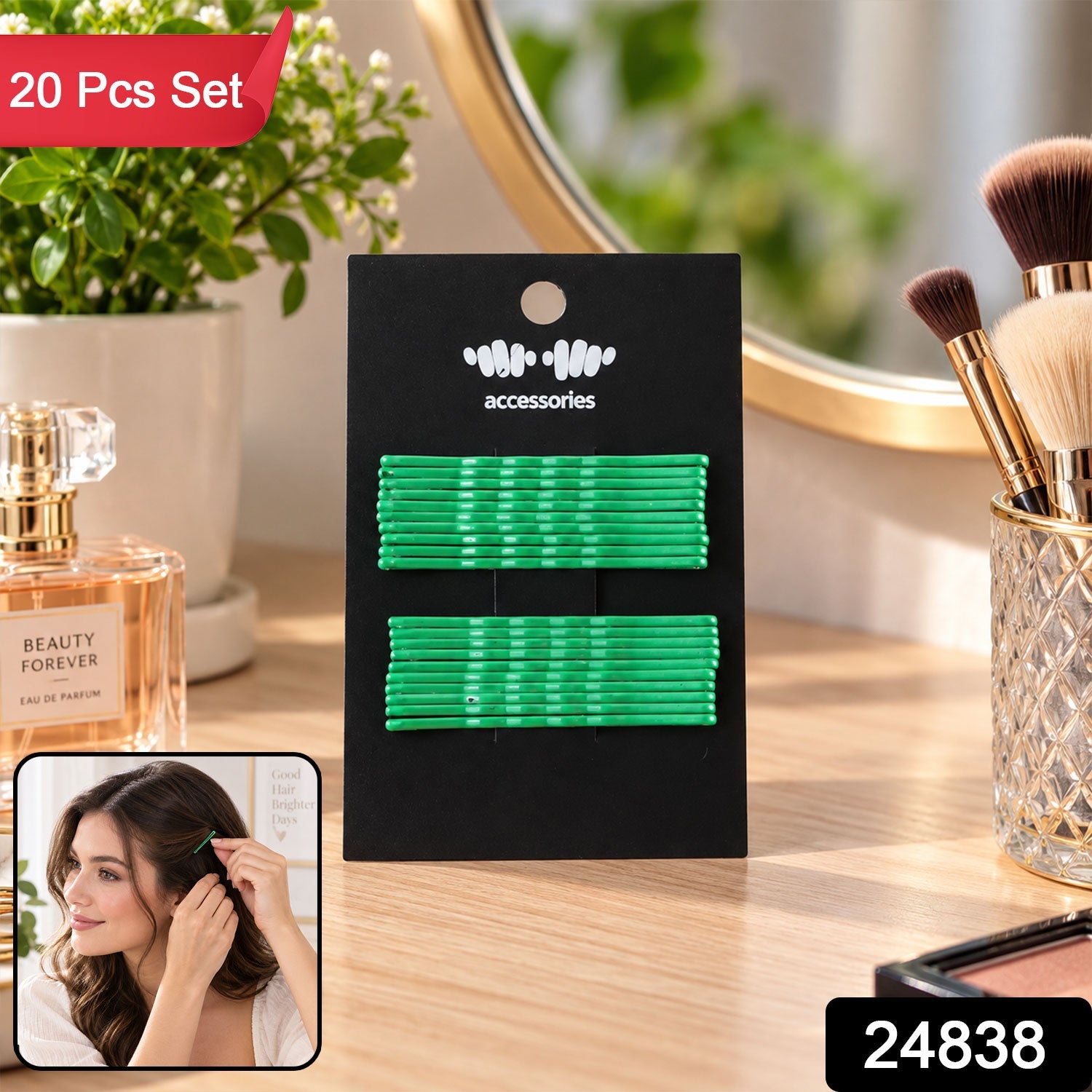 A black card displays green metal bobby pins on a vanity with a perfume bottle and makeup brushes. A red banner states "20
