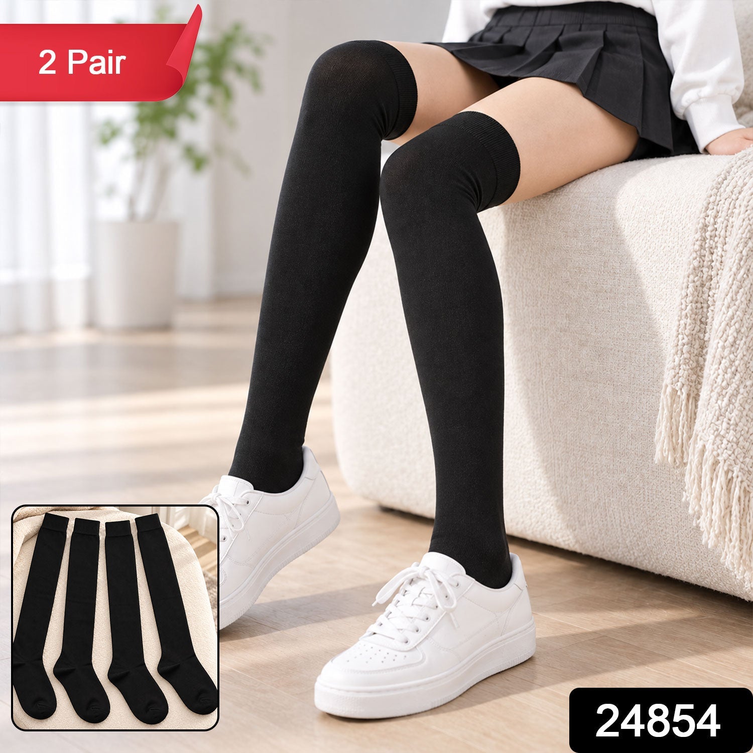 A person sitting on a sofa, wearing black over-knee socks and white sneakers, with an inset of four black socks.