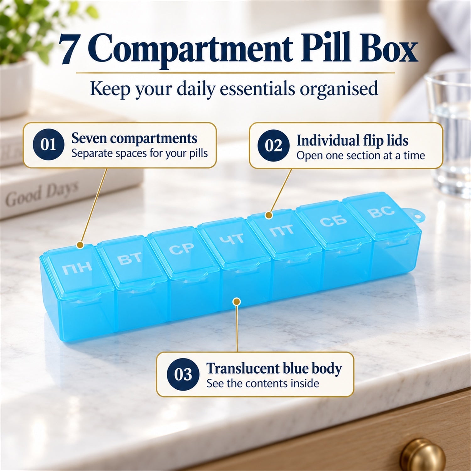 Seven compartment pill organiser - individual lid features