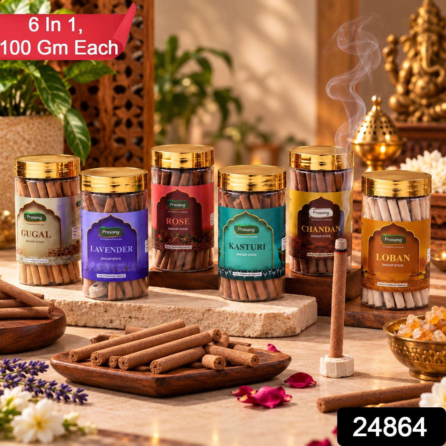 Six dhoop stick jars with gold lids on a stone surface, featuring a lit stick and scattered lavender blossoms.