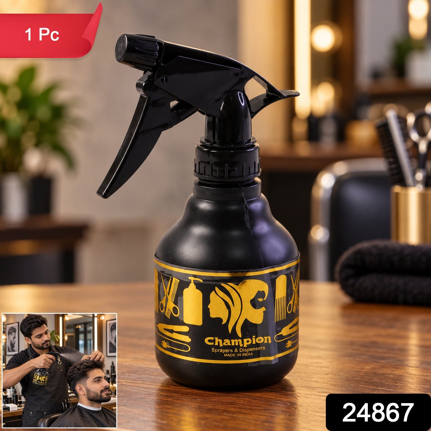 A black plastic spray bottle with a gold label sits on a wooden counter, with a small inset of a man styling hair.