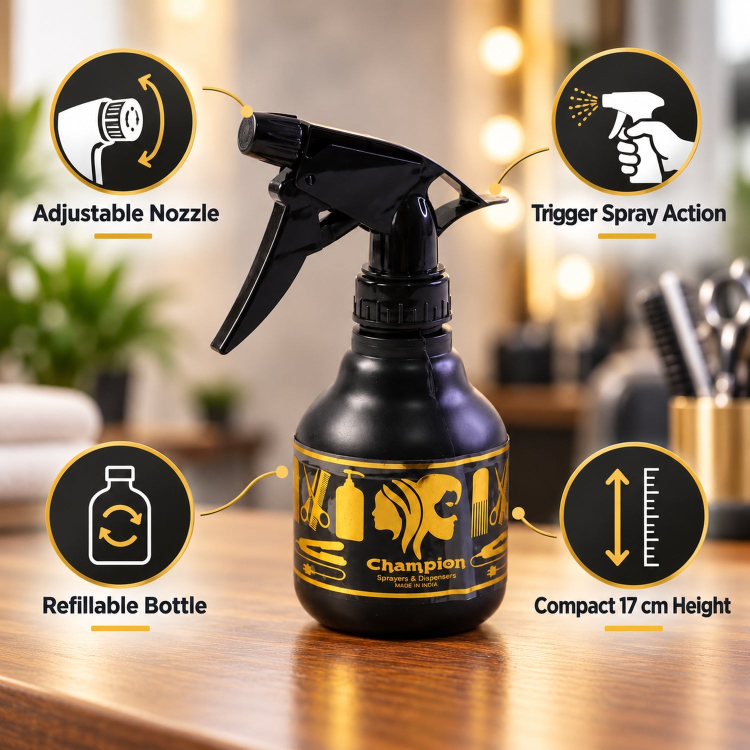 A black spray bottle with gold graphics is surrounded by four circular icons highlighting its features.