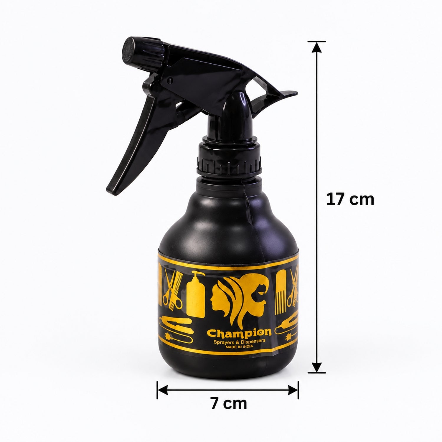A black plastic spray bottle with gold detailing is shown with height and width measurements on a white background.