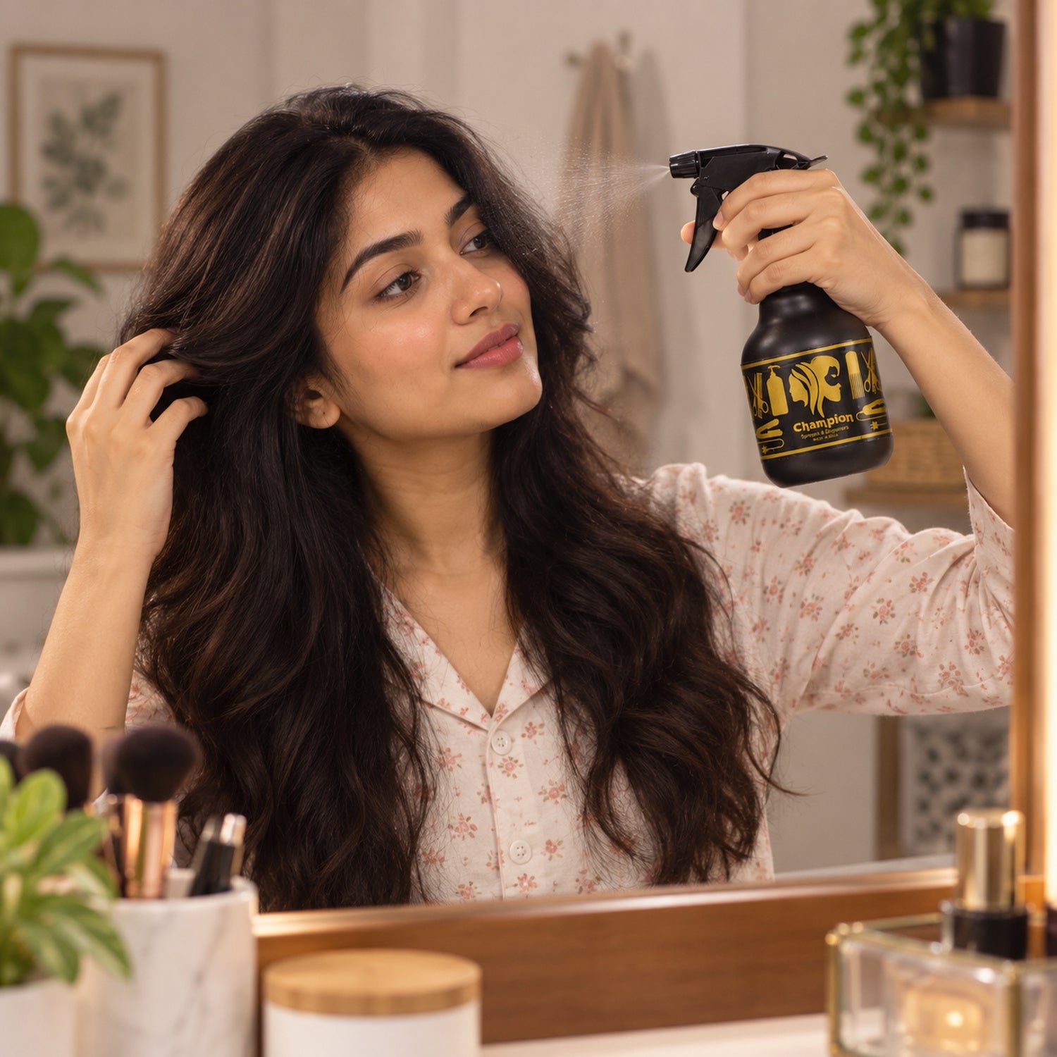 A woman in pajamas sprays her long dark hair with a black and gold bottle while looking into a mirror.