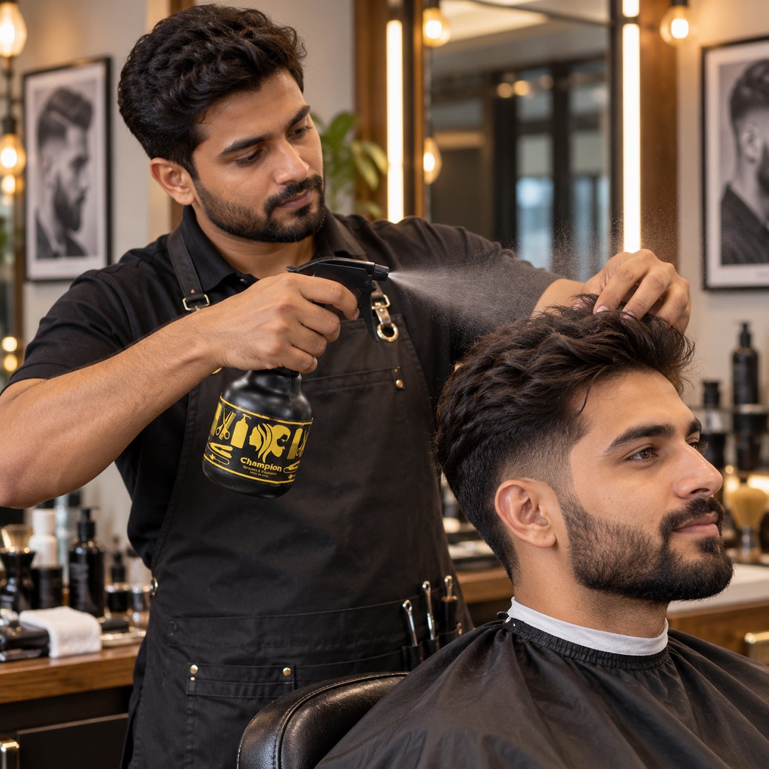 A barber sprays a male client's short dark hair with a black and gold bottle in a modern barbershop.