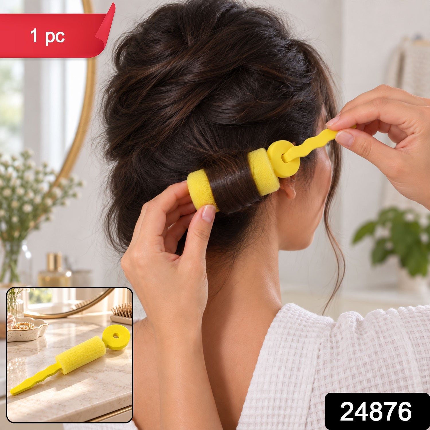 A woman holds a yellow foam hair roller, curling a section of her dark brown hair.