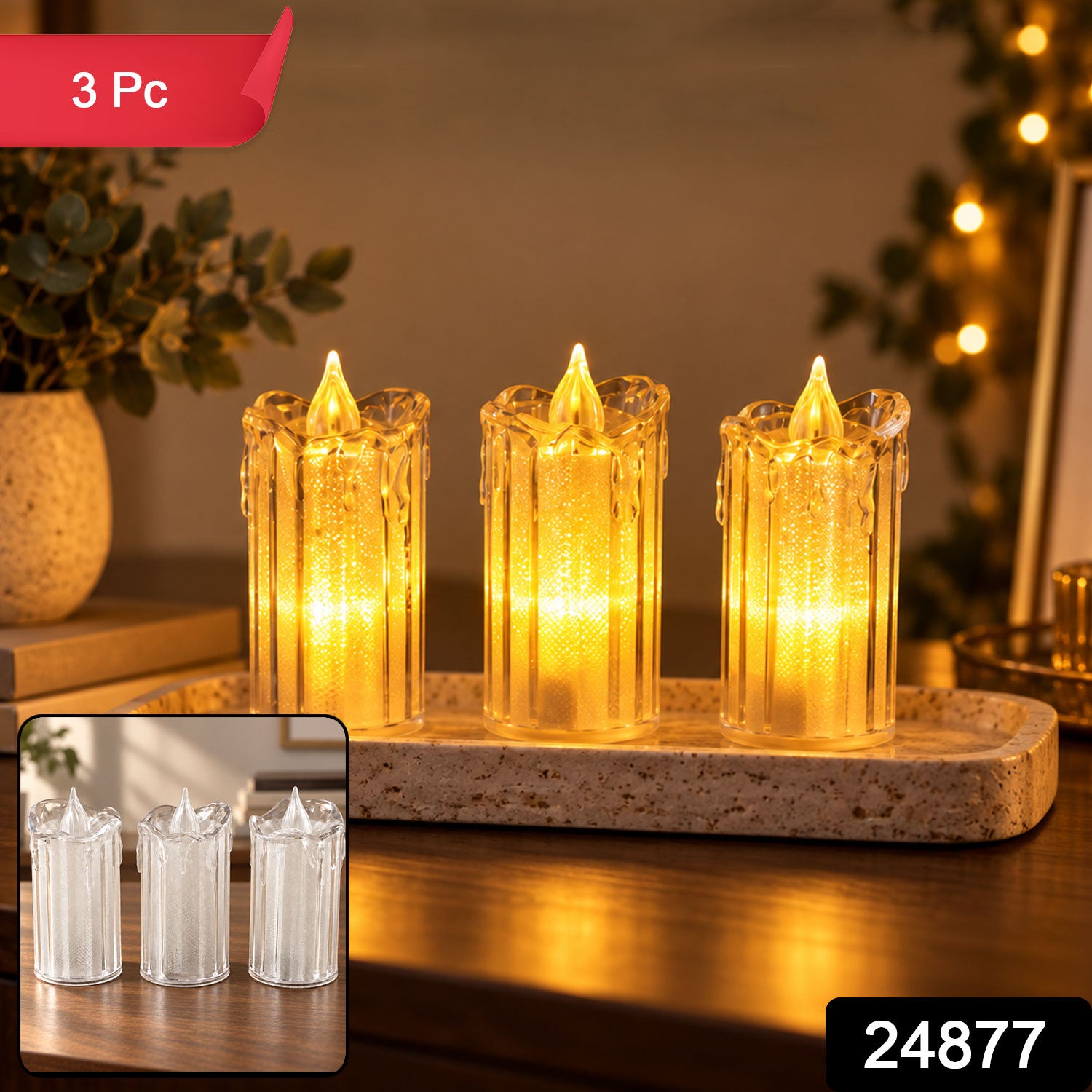 Three glowing clear plastic LED candles on a tray, with a red banner stating "3 Pc" and a black box with "24877" in the