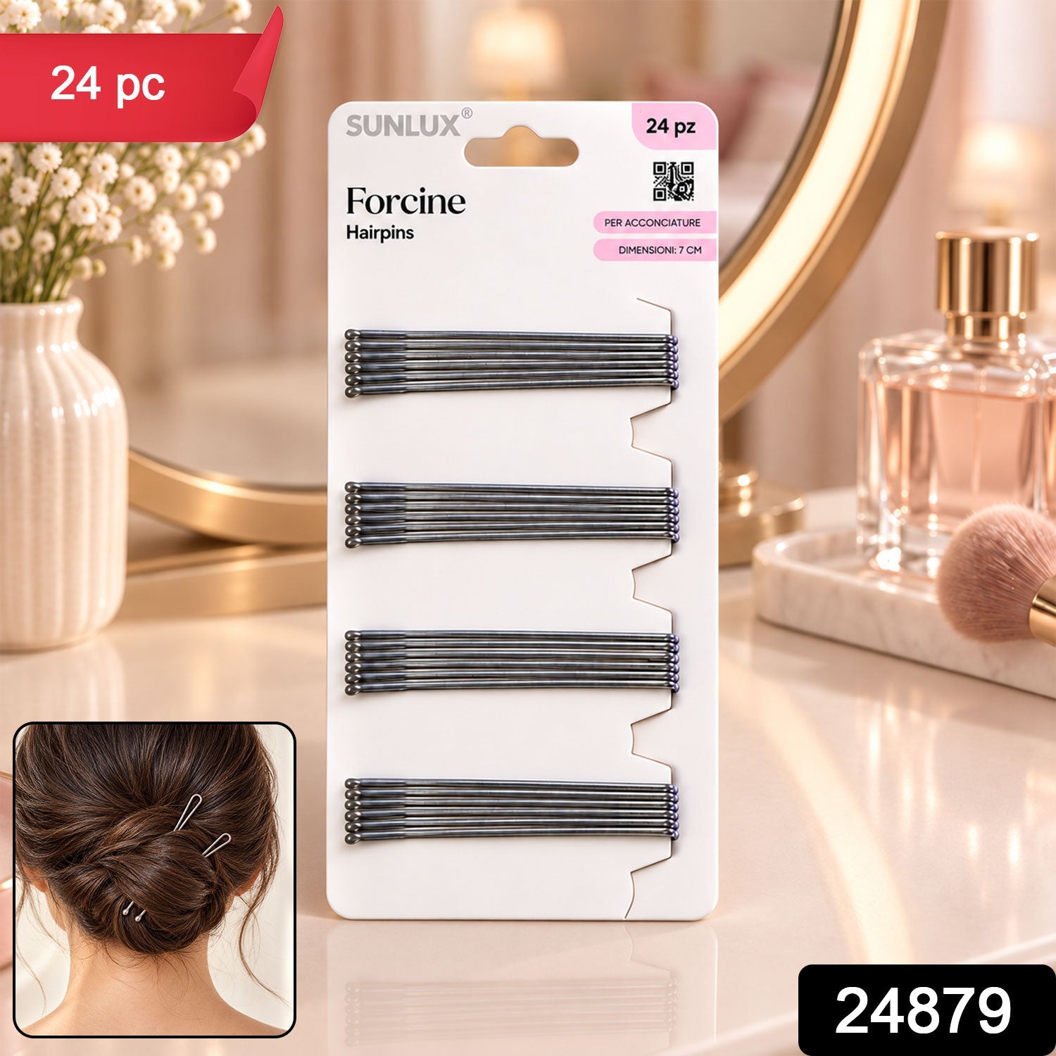 A white package of twenty-four silver hairpins on a vanity, with a small inset showing a bun styled with similar pins.