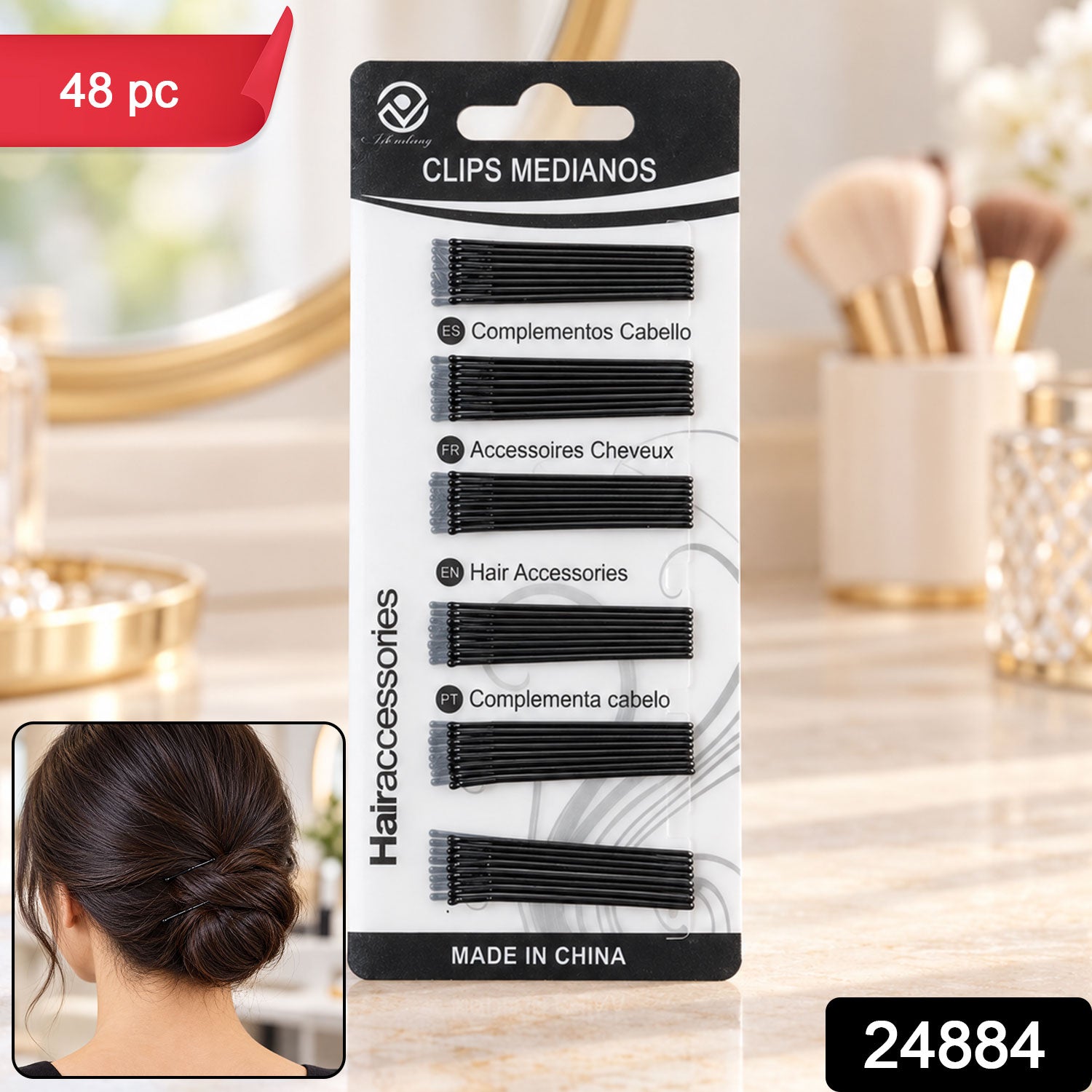 A woman with a neat bun hairstyle is shown in the bottom left corner, alongside the packaged hair pins.