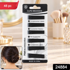 A woman with a neat bun hairstyle is shown in the bottom left corner, alongside the packaged hair pins.