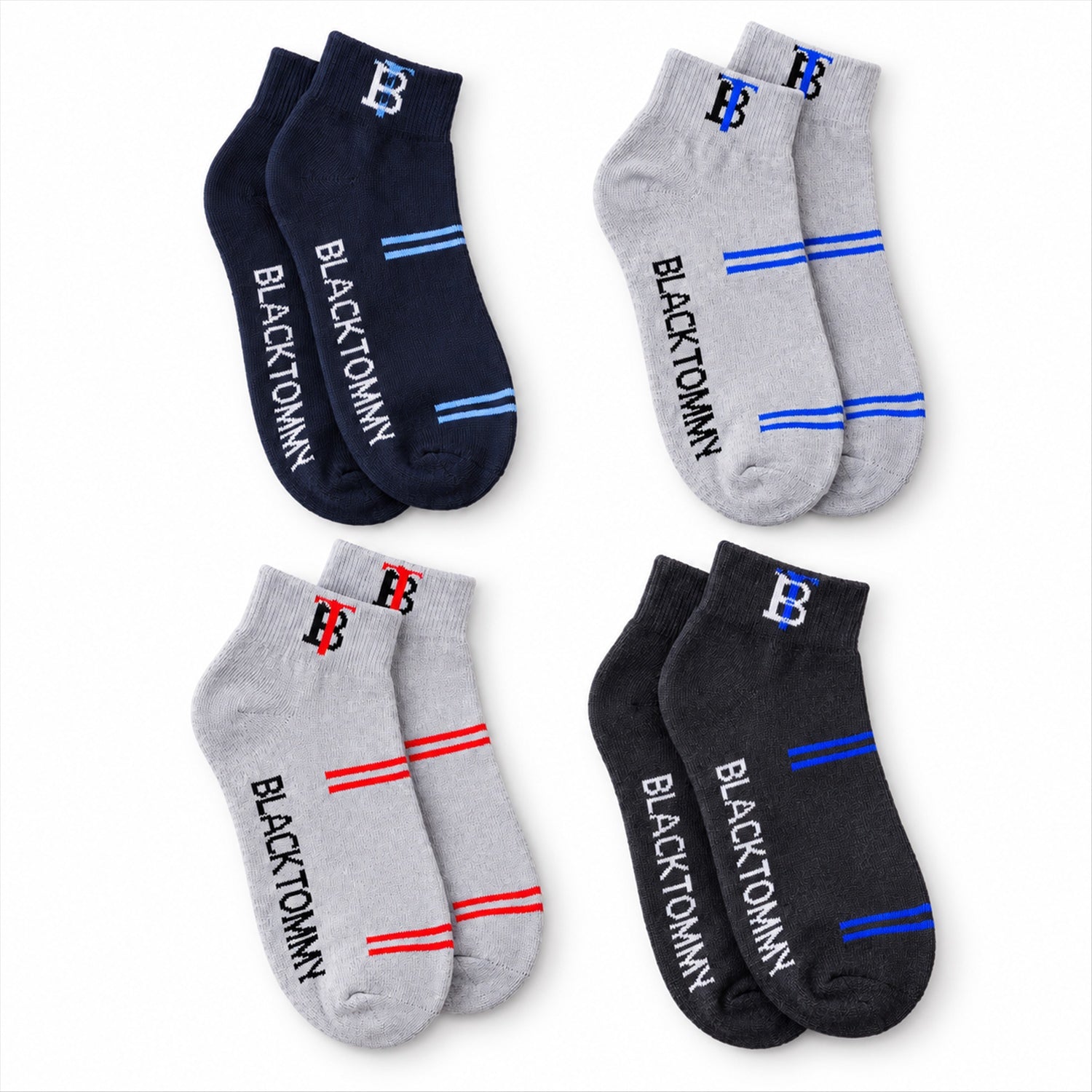 Four pairs of ankle socks in navy, grey, and charcoal, each with unique stripe and text colors.