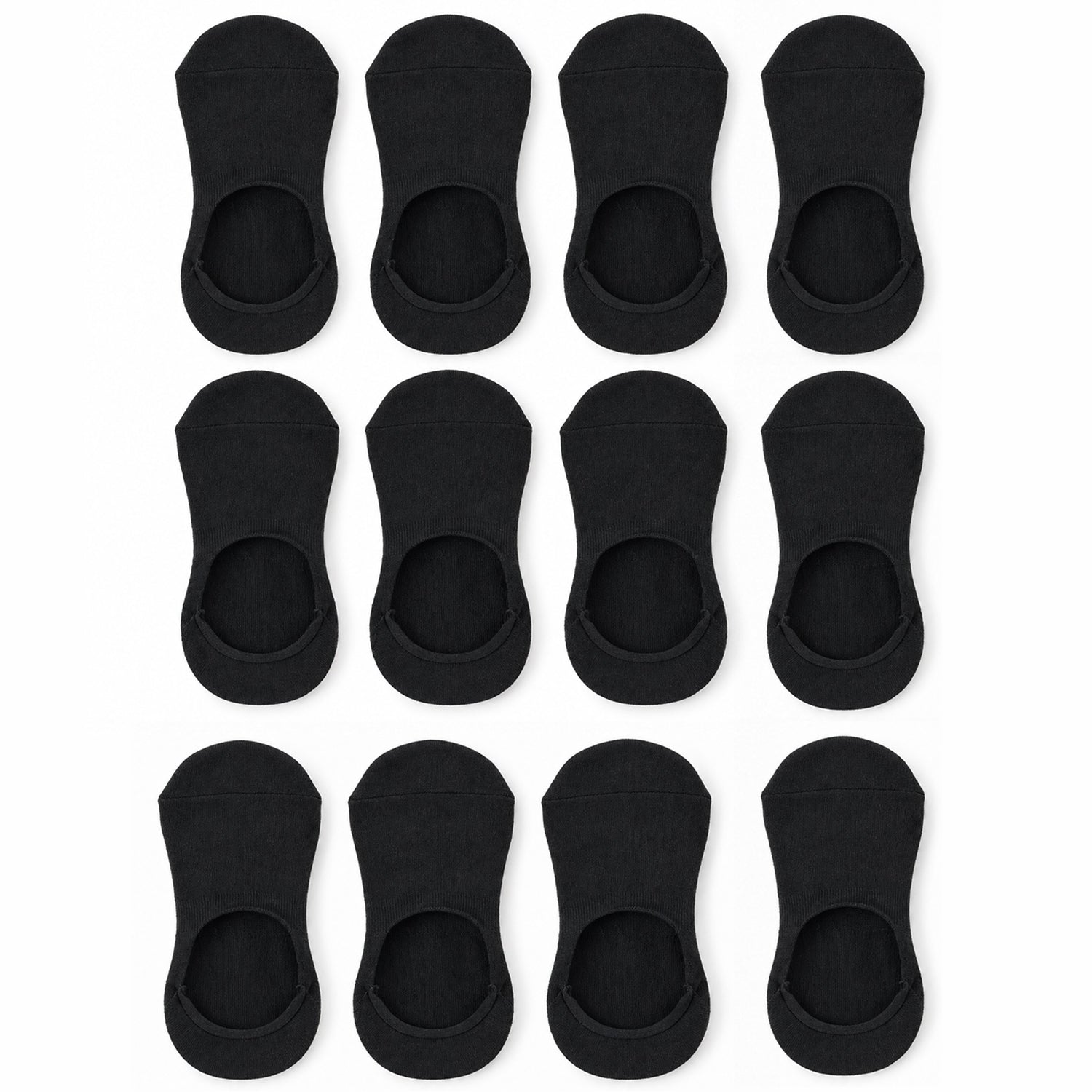 Twelve individual black low-cut socks arranged neatly in four rows of three on a white background.