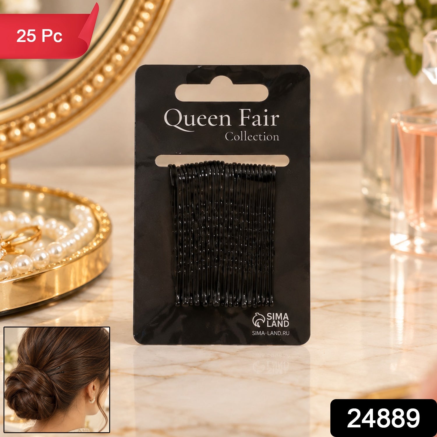 A black card of bobby pins stands on a marble surface with a small inset showing a woman's hair bun.