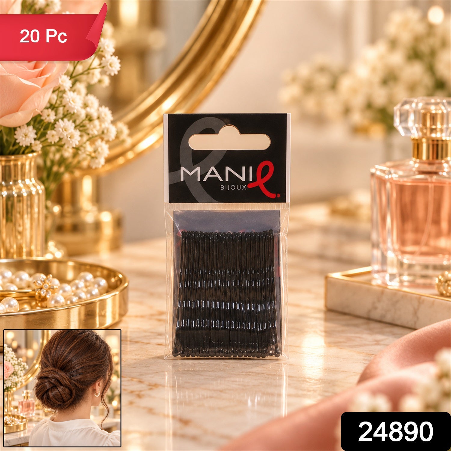 A clear plastic package of 20 black bobby pins stands on a marble vanity, with a blurred background.