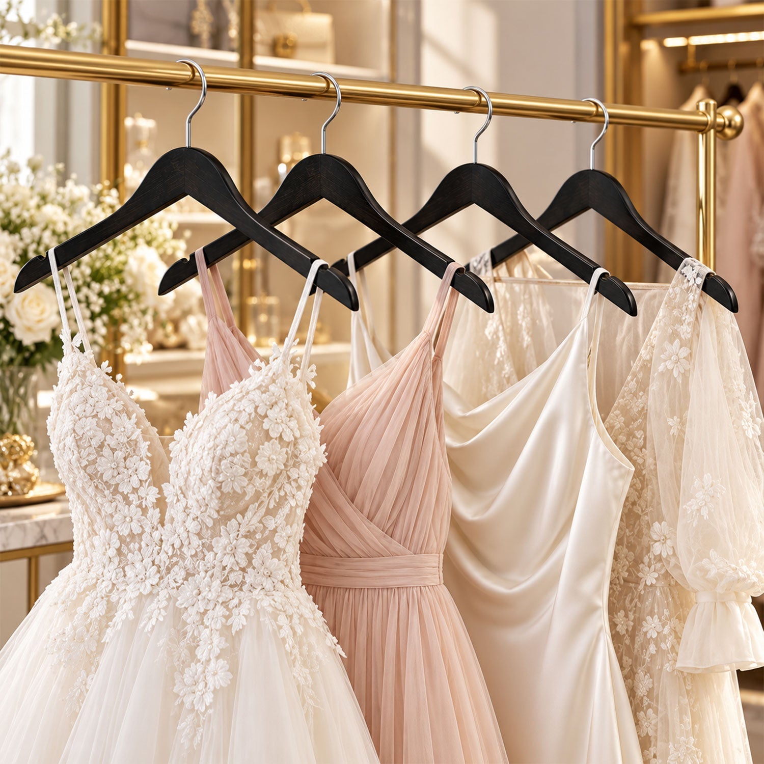 Four premium clothes hangers with metal hooks arranged neatly.