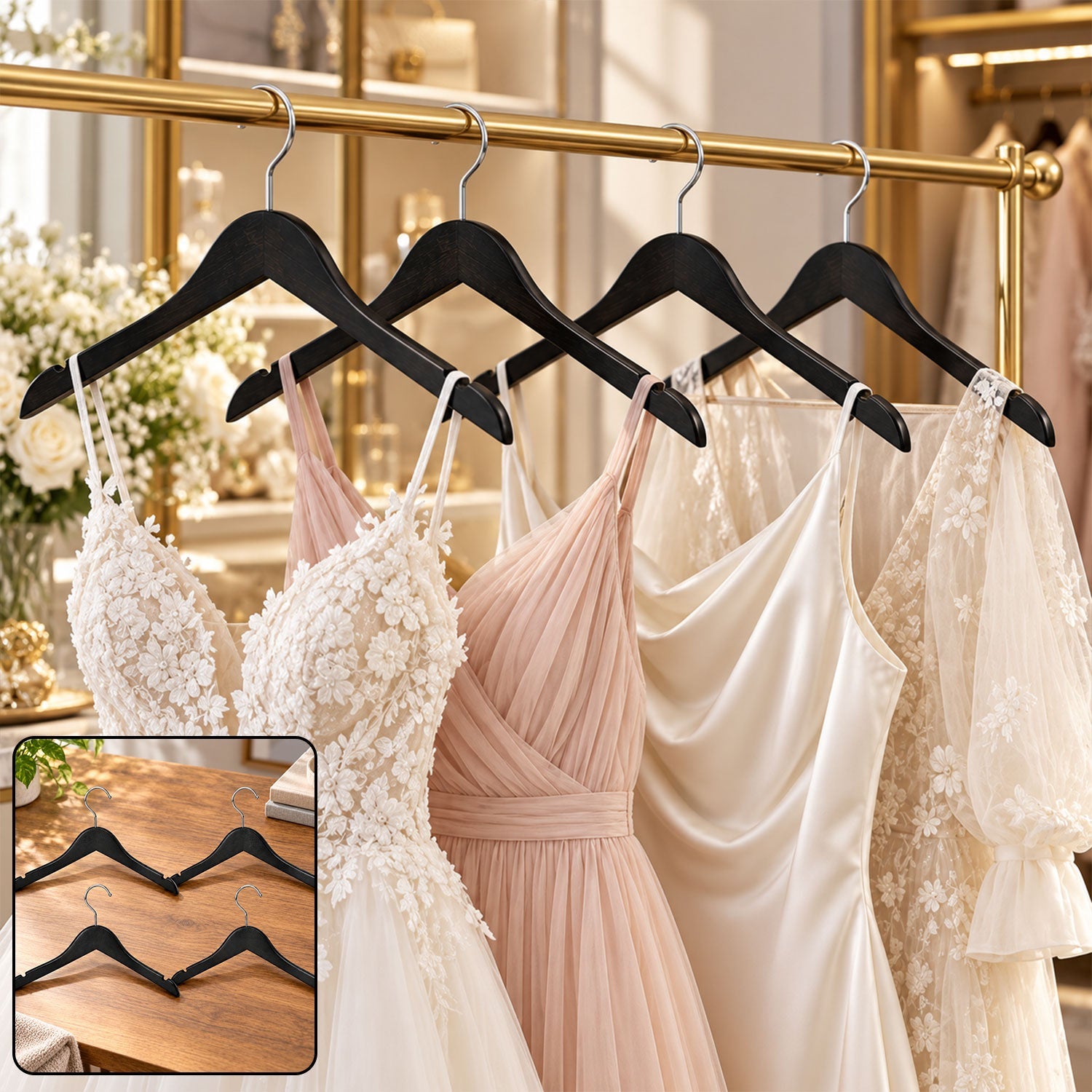 Clothes hanger highlighting strap notches and smooth profile.