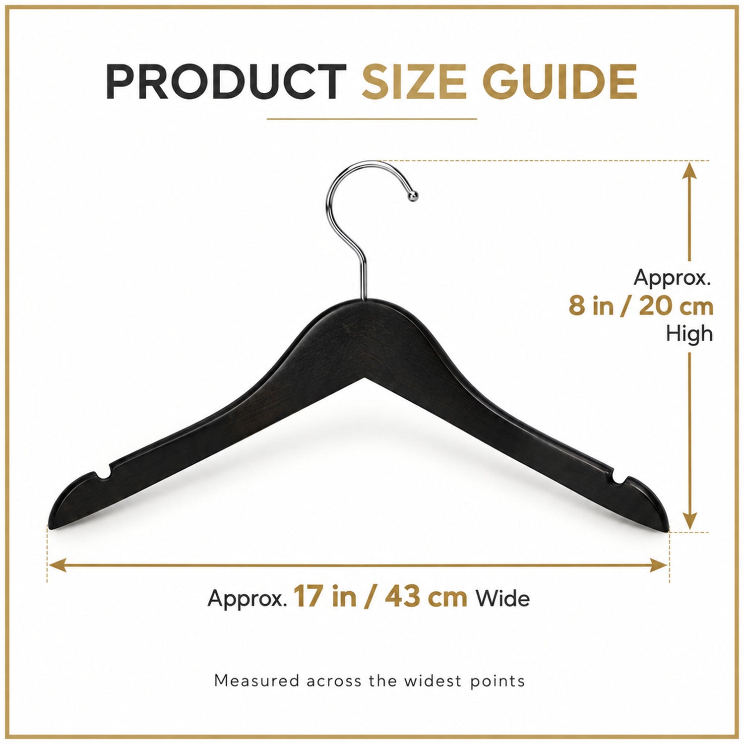 Measurement guide for a clothes hanger, showing 43 cm width and 20 cm height.