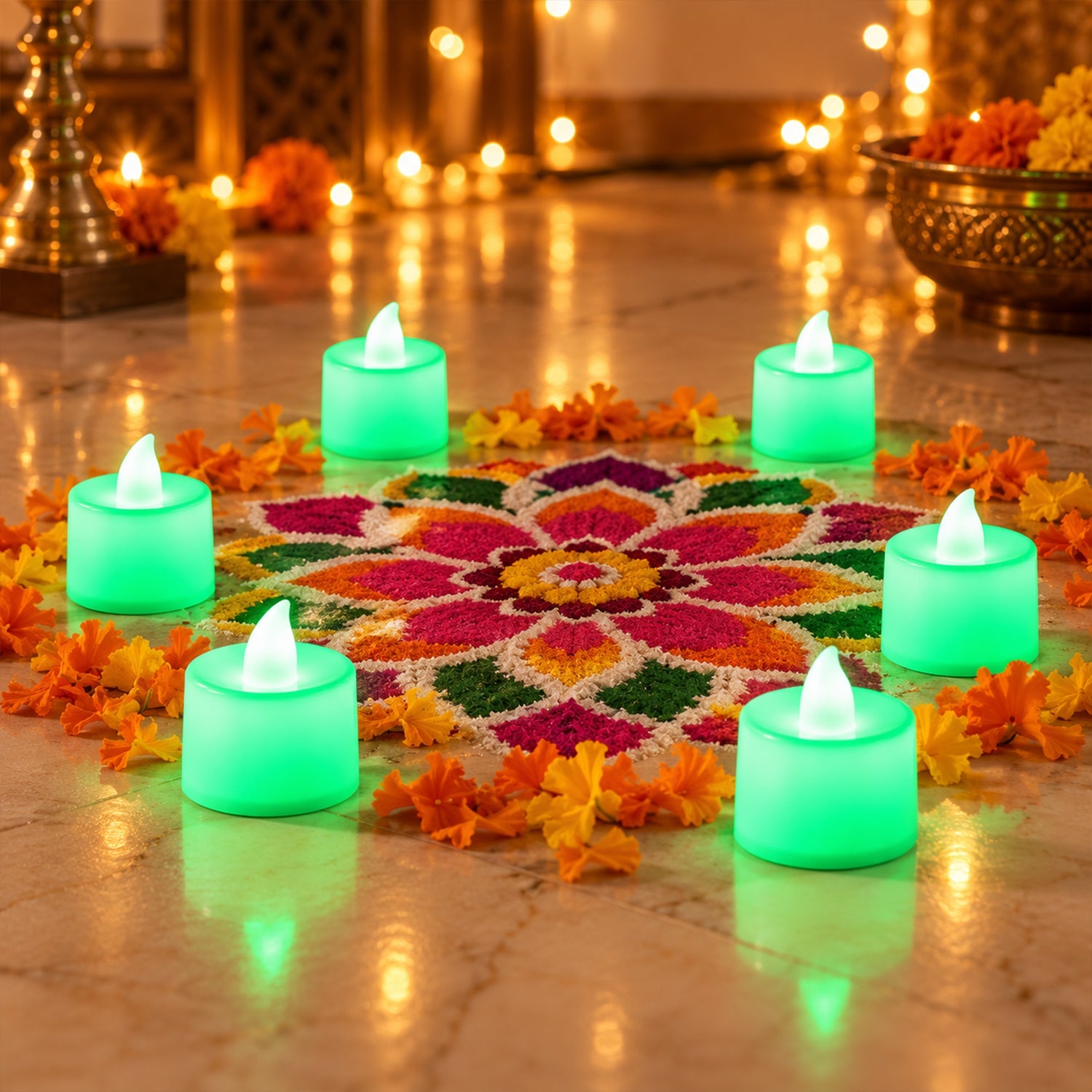 Six glowing green flameless tealight candles surround a colorful floral rangoli design on a light-colored floor, adorned