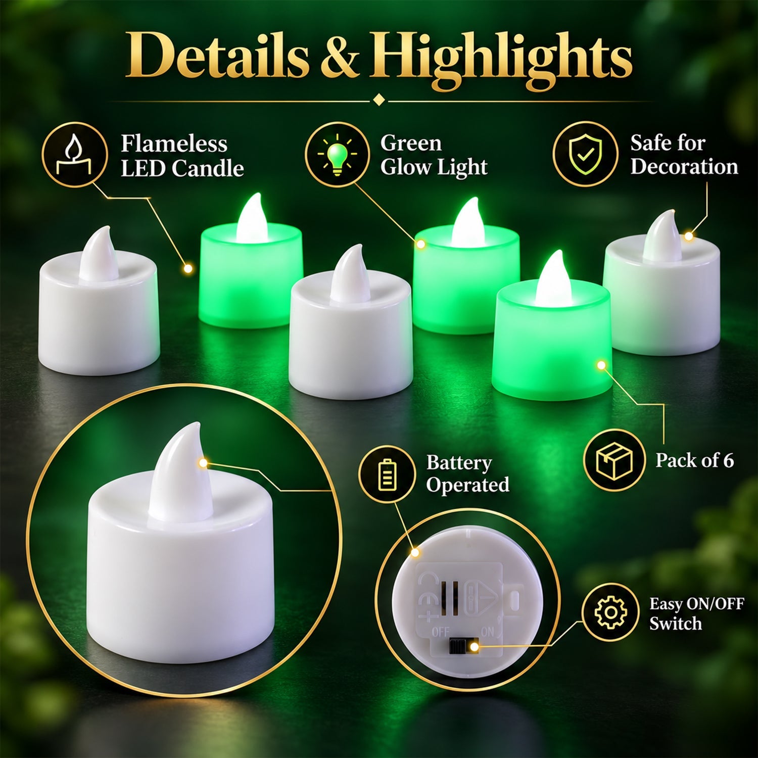 An infographic displays six flameless tealight candles, some green glowing and some white, with feature icons like battery