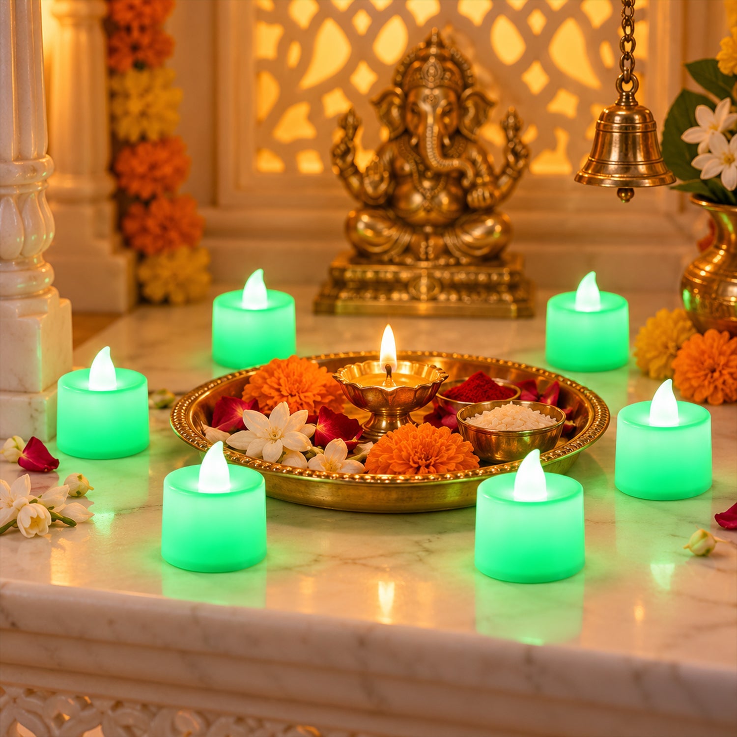 Six glowing green flameless tealight candles are placed around a brass offering plate with flowers, in front of a golden