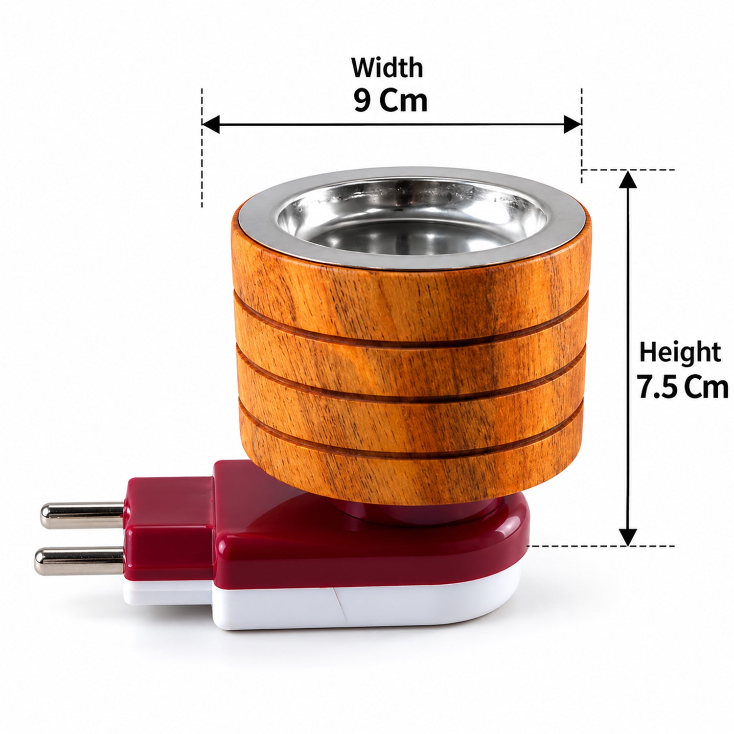 A wooden electric camphor diffuser with a silver cup is shown with its width and height measurements.