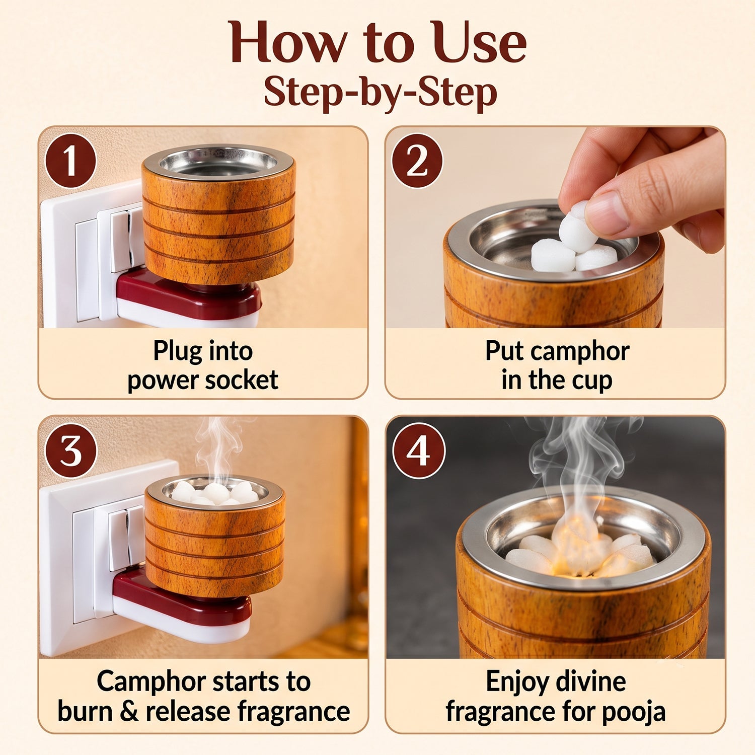 A four-panel graphic illustrates how to use the electric camphor diffuser step-by-step.