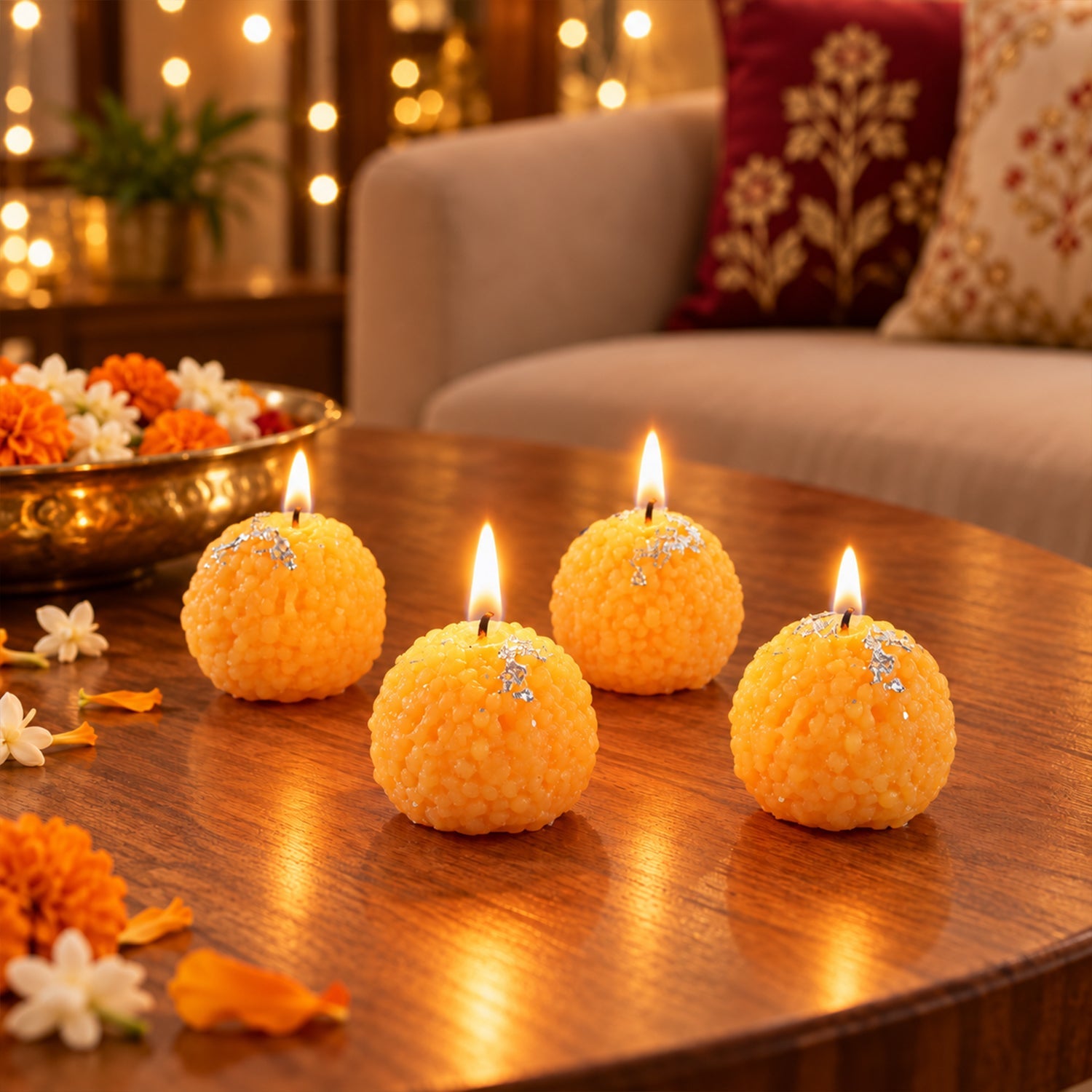 Four lit orange spherical candles with silver flakes on a wooden coffee table, with blurred home decor.