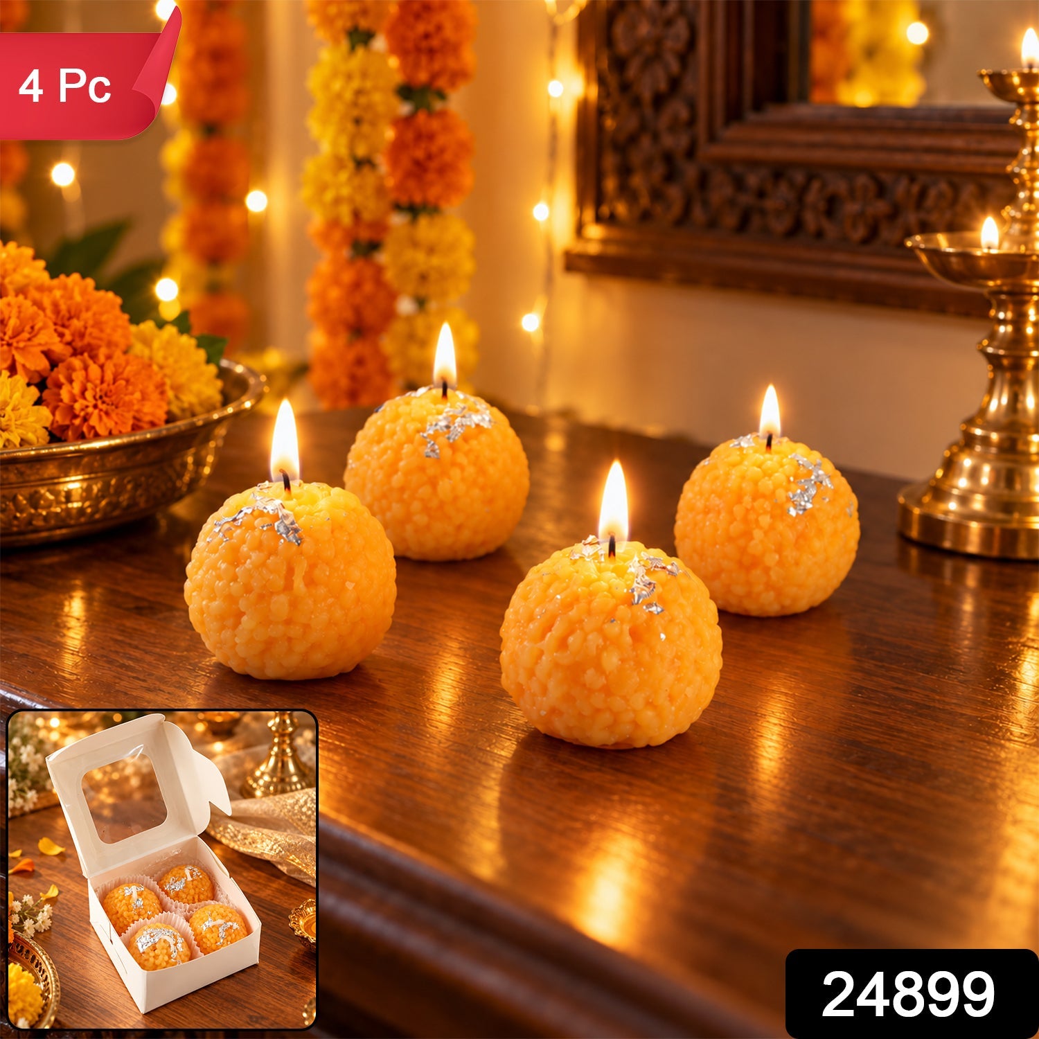 Four unlit orange spherical candles with silver flakes on a wooden table, with a '4 Pc' label.