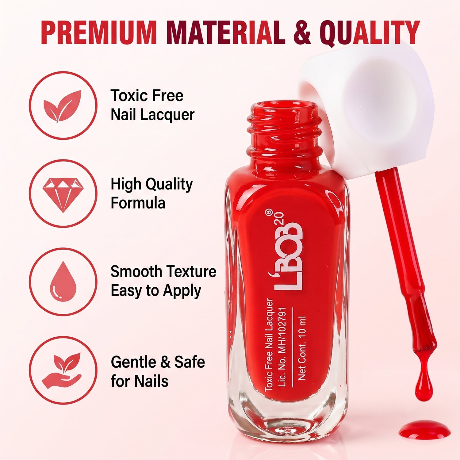 An open red nail polish bottle with the brush dripping, surrounded by icons detailing product benefits.