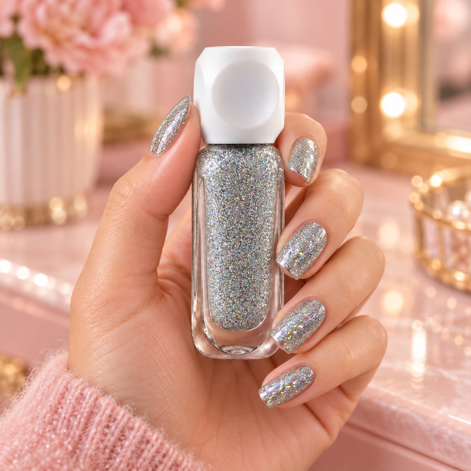 A hand with silver glitter polished nails holds a small bottle of matching nail polish with a white cap.
