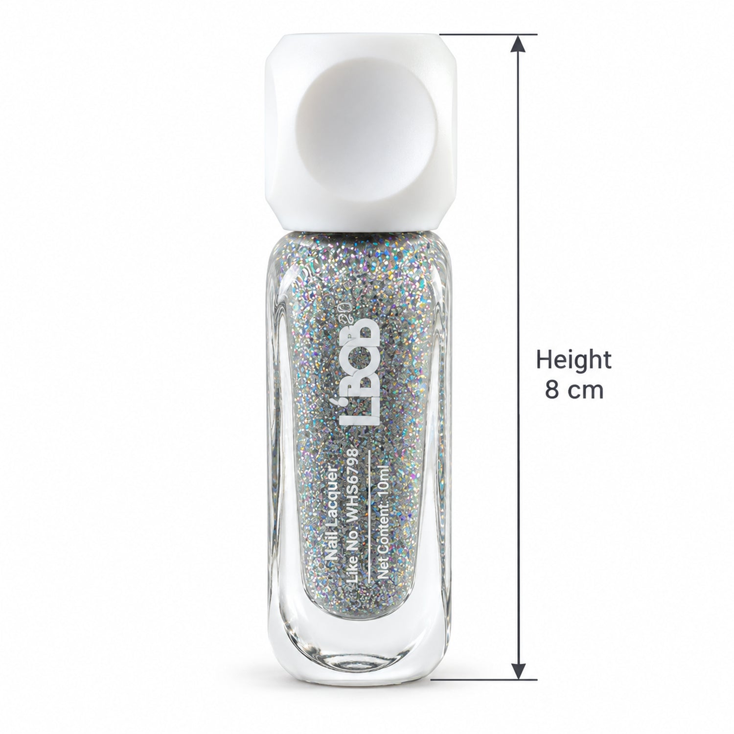 A clear bottle of silver glitter nail polish with a white cap, labeled with its 8 cm height measurement.