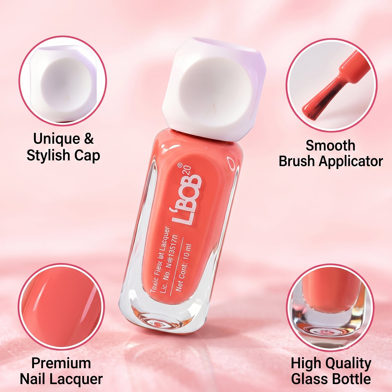 A peach coral nail polish bottle with a white cap is surrounded by four circular insets highlighting its features: unique