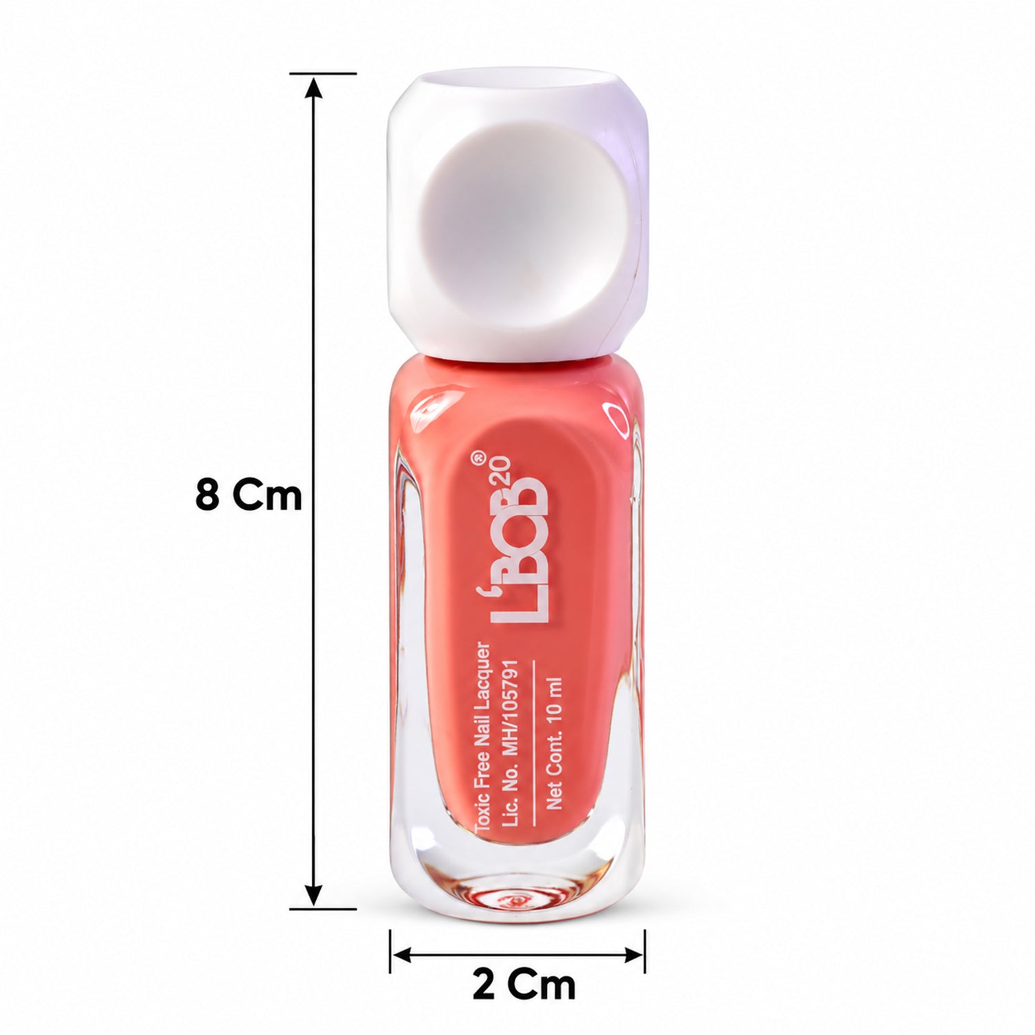 A peach coral nail polish bottle with a white cap stands on a white surface, with arrows indicating its height of 8 cm and