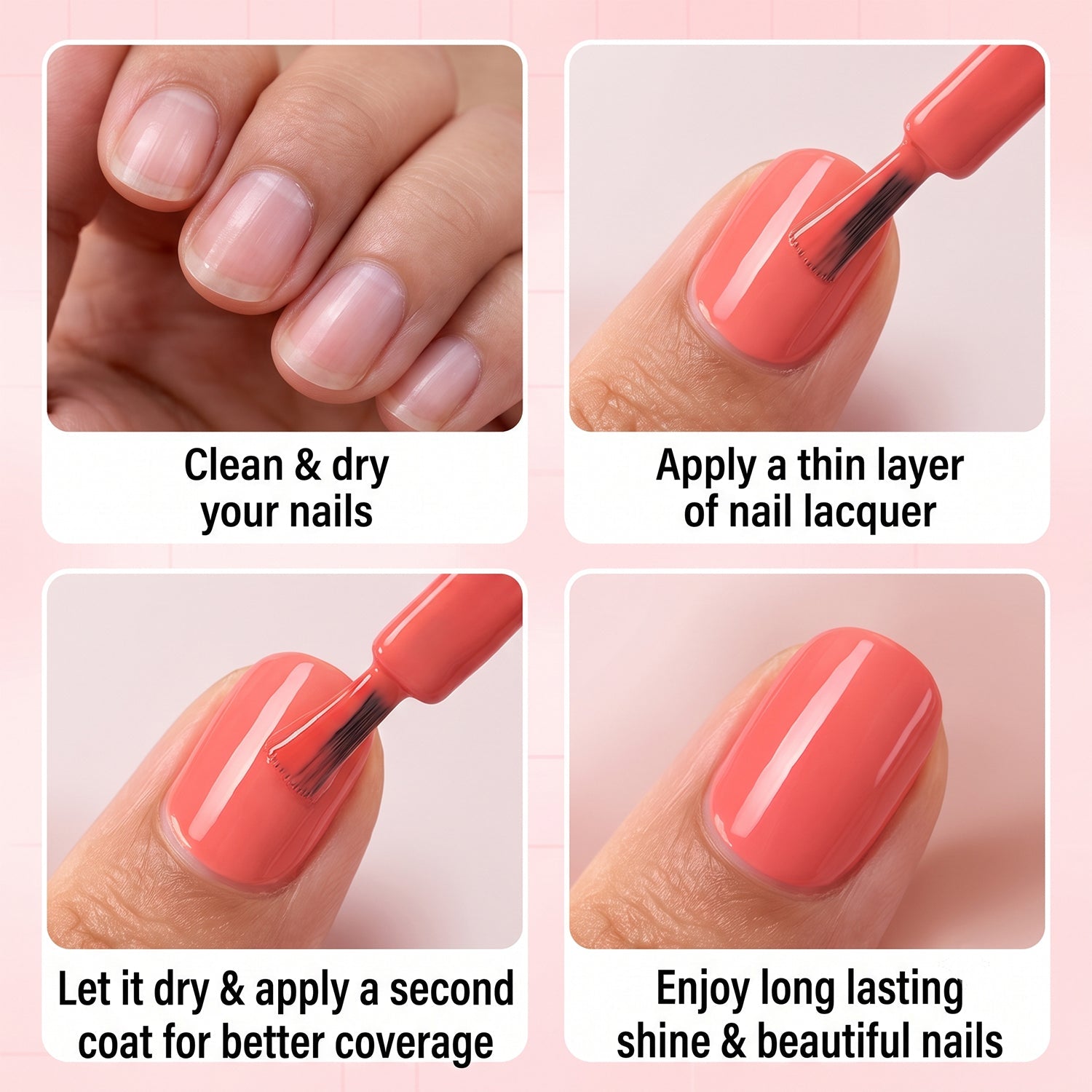 Four square panels illustrate the application process: clean nails, applying a thin layer, applying a second coat, and