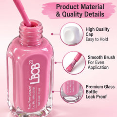 Close-up of a pink nail polish bottle with a brush, highlighting its cap, brush, and glass material details.