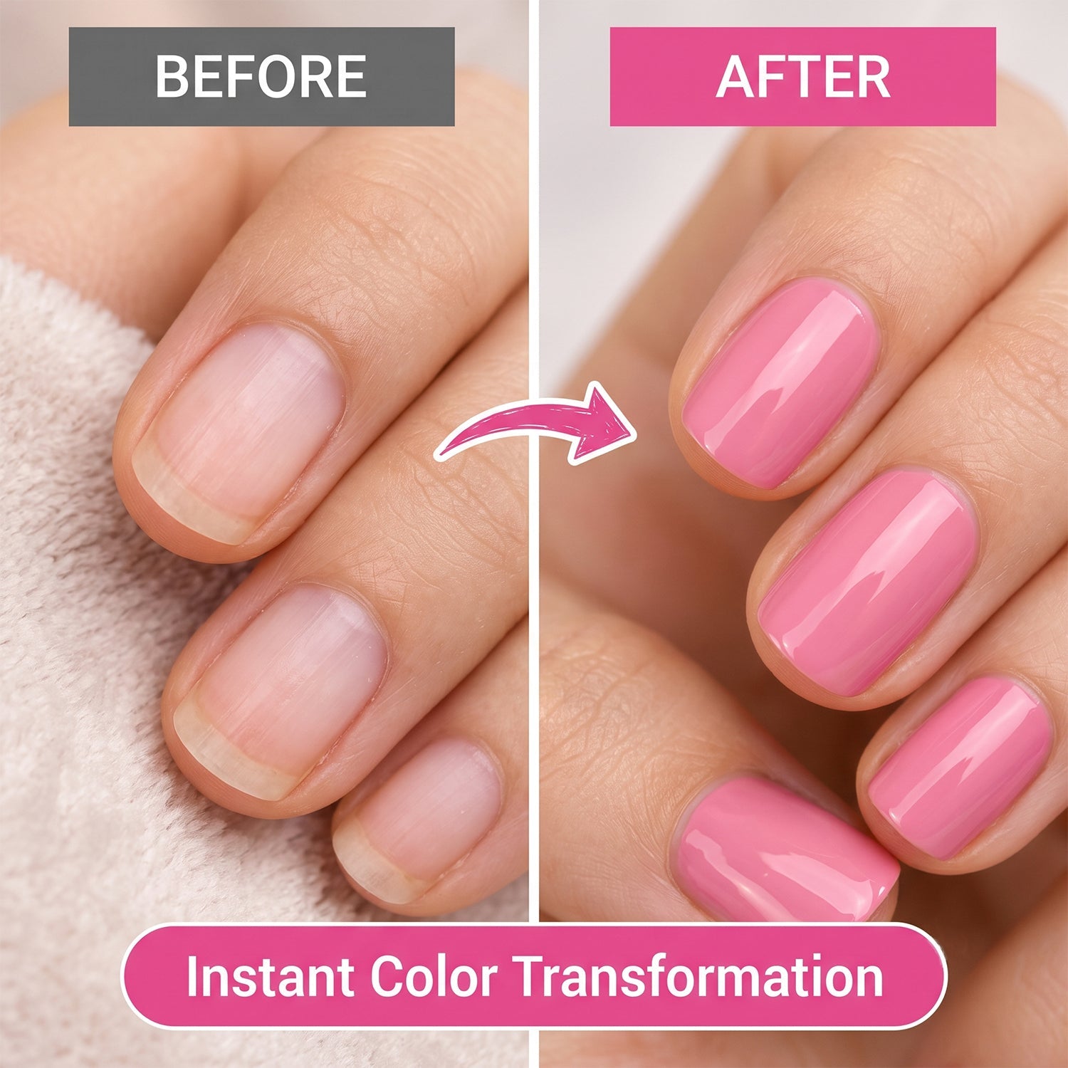 A split image showing bare nails on the left and the same nails painted pink on the right, labeled "BEFORE" and "AFTER".